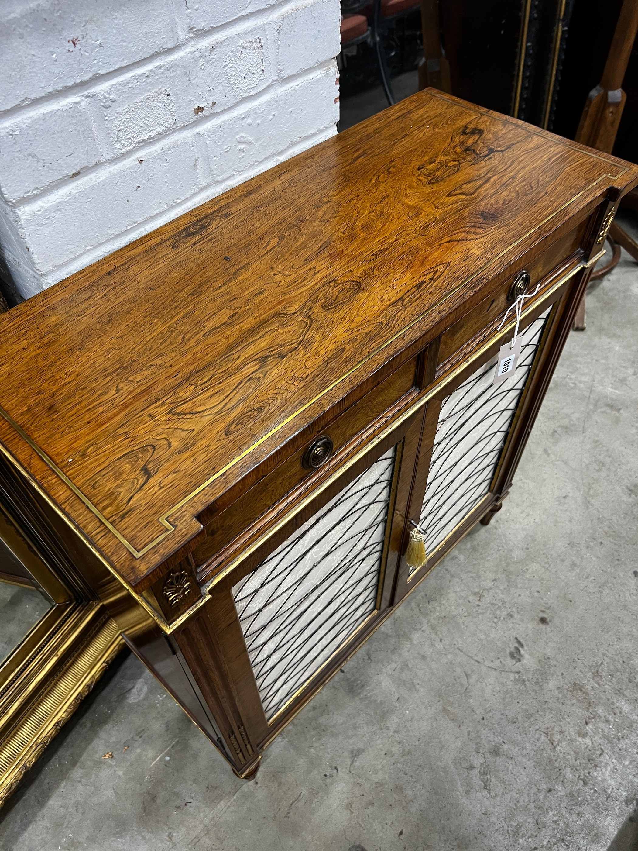 A Regency style brass inlaid simulated rosewood chiffonier, width 76cm, depth 34cm, height 83cm